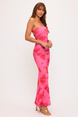 Floral Double Back Strap Ruched Maxi Dress