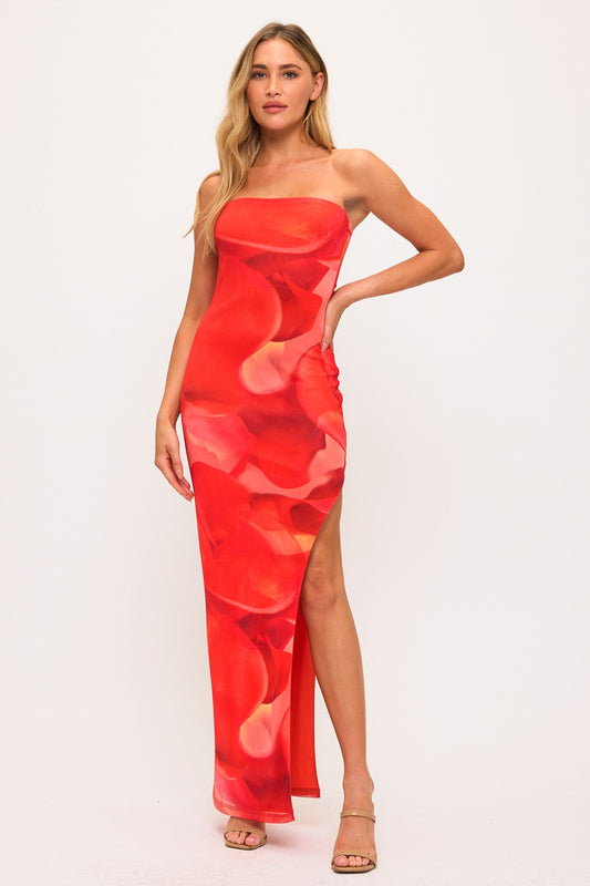 Orange Multicolor Tube Slit Maxi Dress