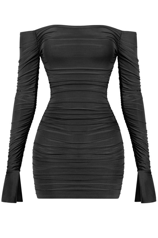 Off Shoulder Long Sleeve Mini Dress Black