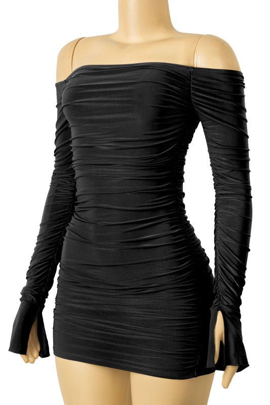 Off Shoulder Long Sleeve Mini Dress Black